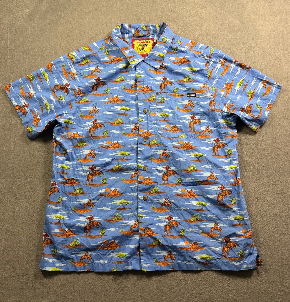 Cinch Men Large Western Bucking Horse Hawaiian Button Up Shirt Blue Novelty L